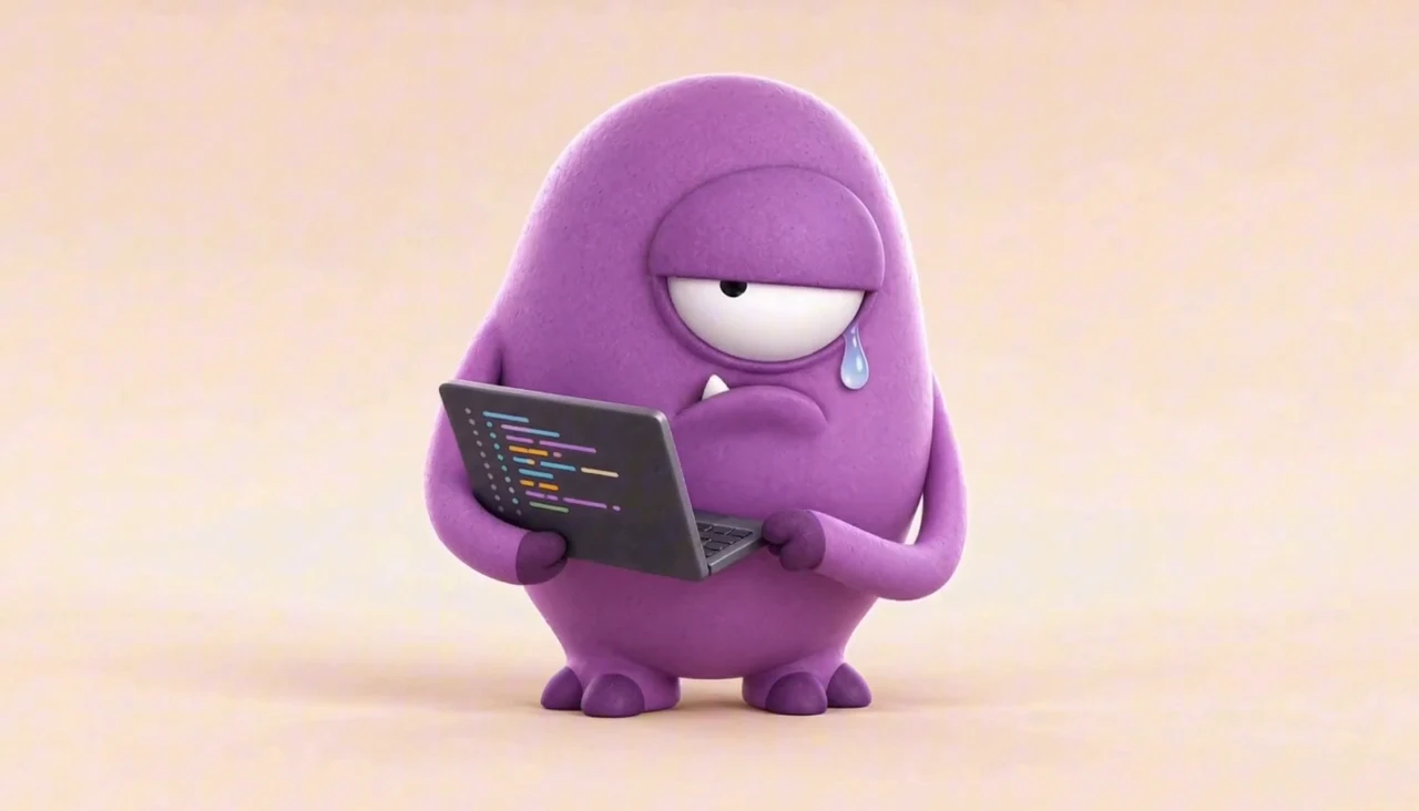 A purple felt character holding a laptop in the Cool Agents film.