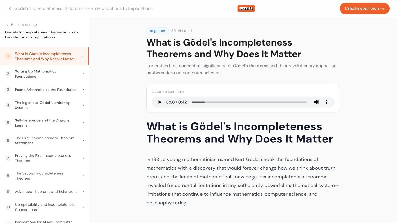 Distill’s public lesson reader with its course outline and summary listening control.