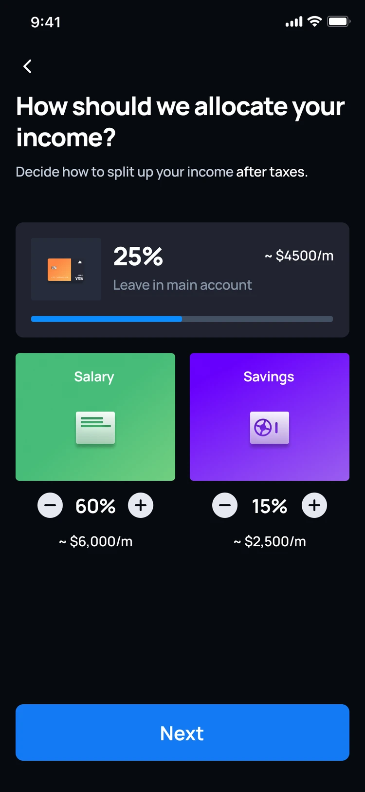Lance production app allocation screen with percentage controls for salary and savings.