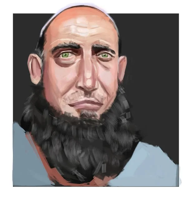 Painted portrait of a bald man with green eyes and a dark beard.