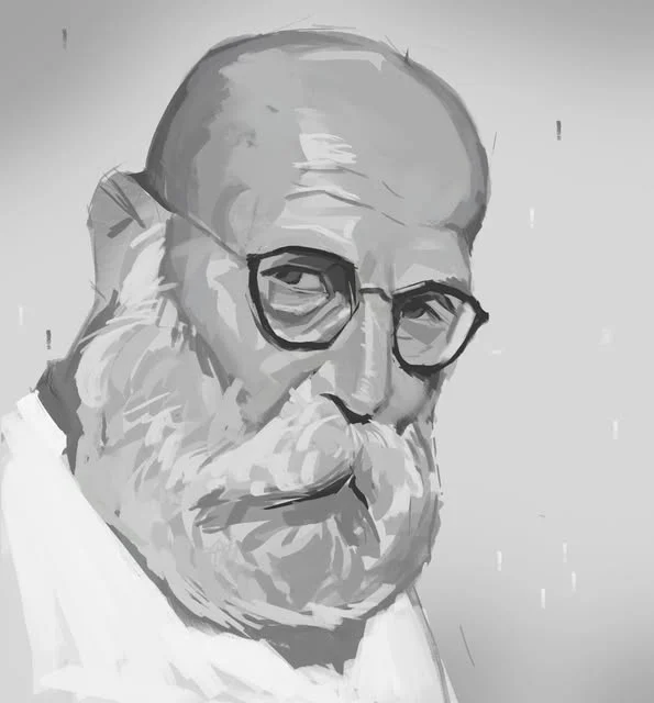 Monochrome painted portrait of an older man with glasses and a white beard.