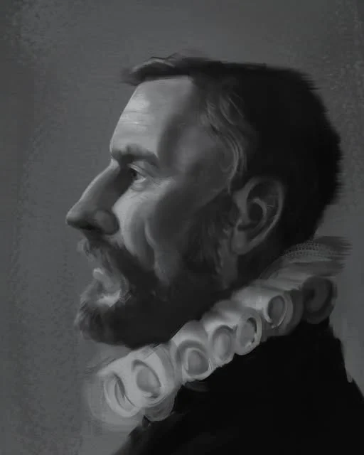 Monochrome profile portrait of a man wearing a ruff collar.