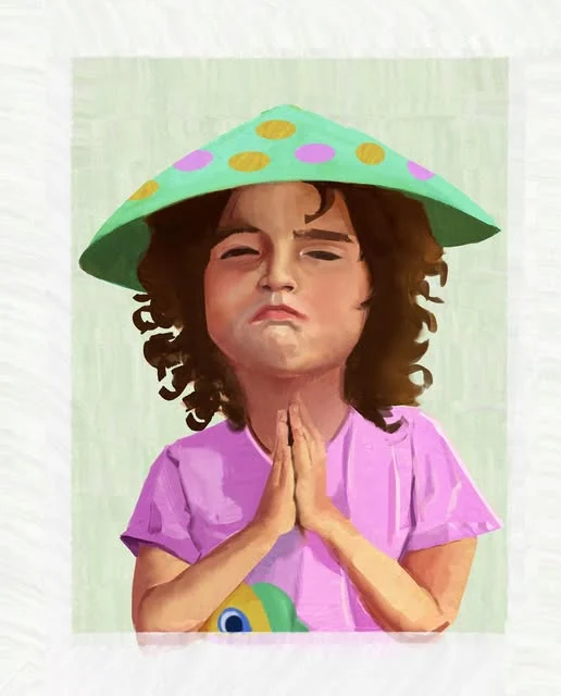 Painting of a child in a purple shirt and spotted green hat, with hands held together.