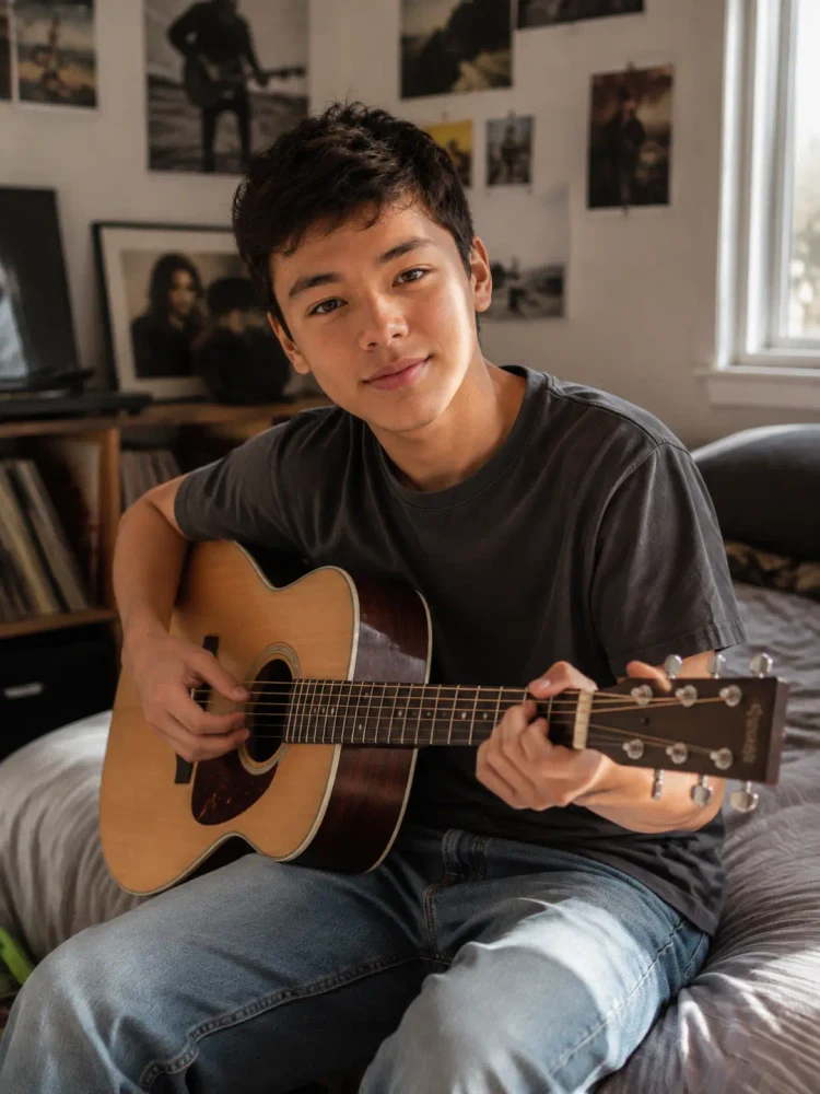 Reel Life sample photo of a teenager playing guitar in his room.
