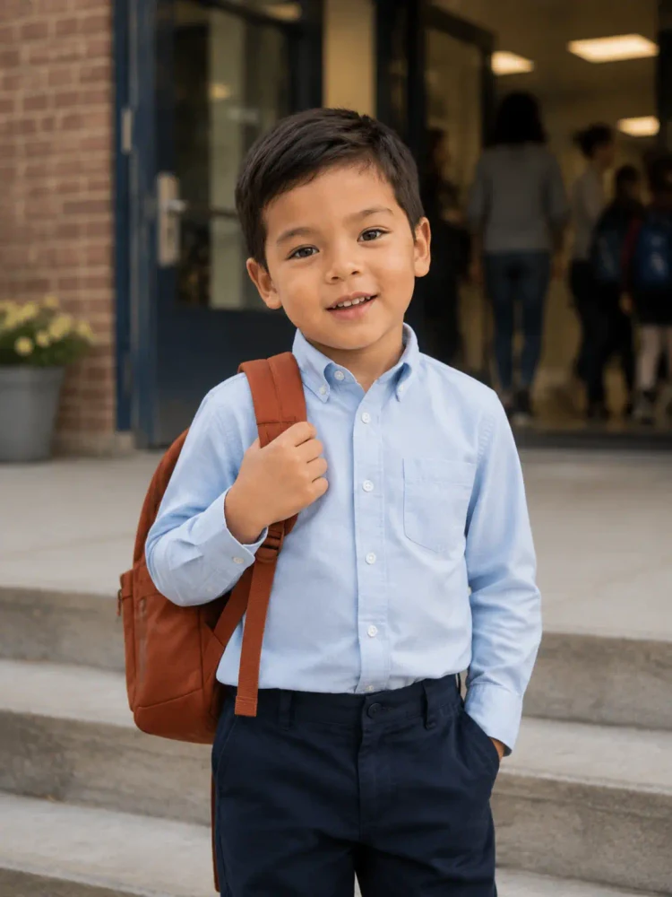 Reel Life sample photo of a child with a backpack on his first school day.